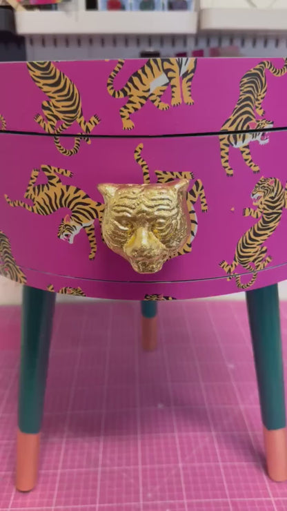 Tiger Table - Hot Pink bedside table emerald top . Fun Bright Home Decor . Ideal for Nightstand or side table. Comes with inbuilt drawer